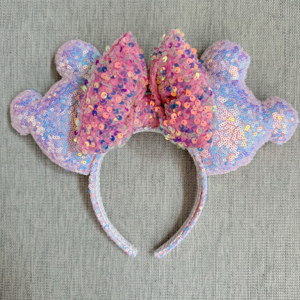 Iridescent sequin Minnie Mickey ears headband with pink bow